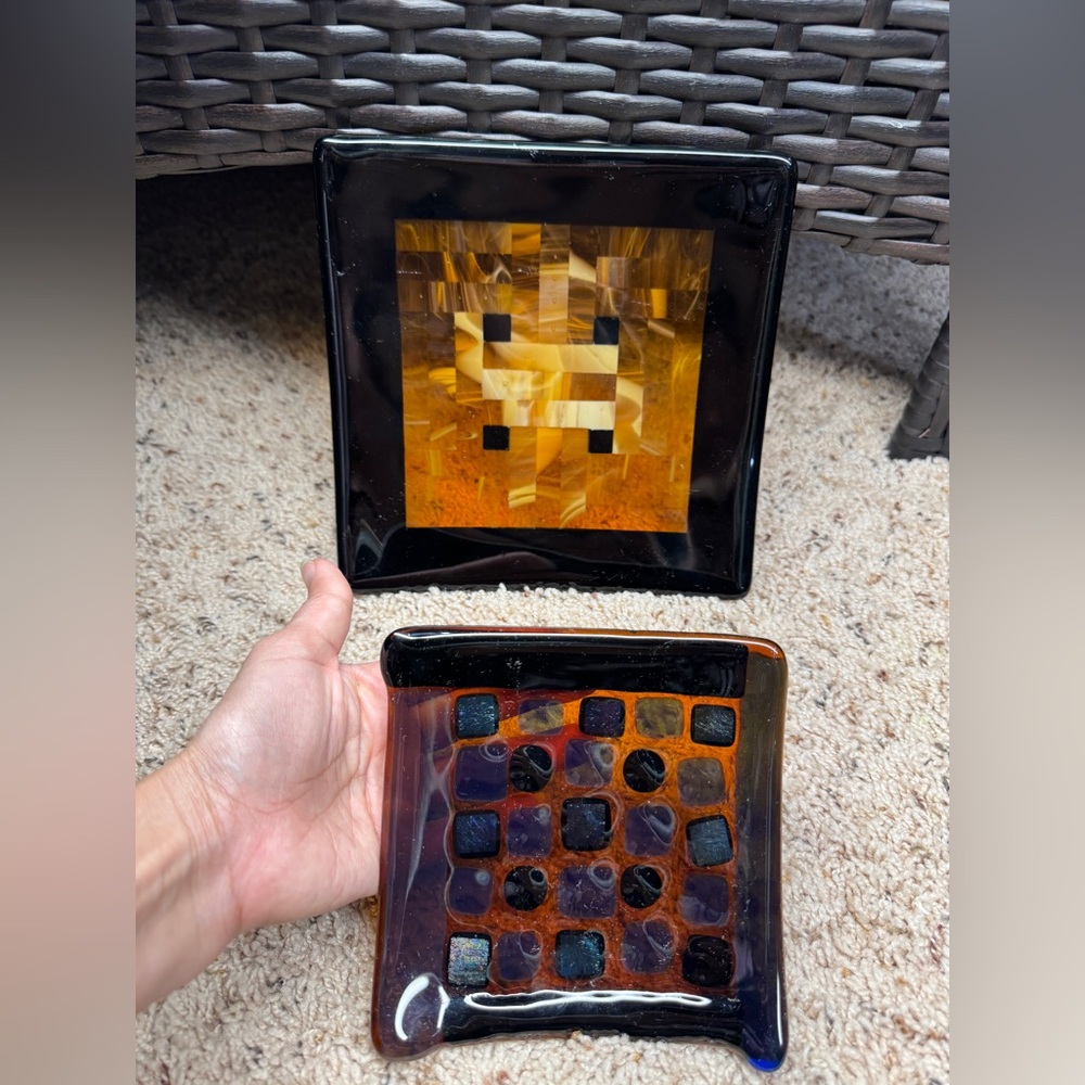 Fused Art Glass Plates Square Dish Decor lot of 2